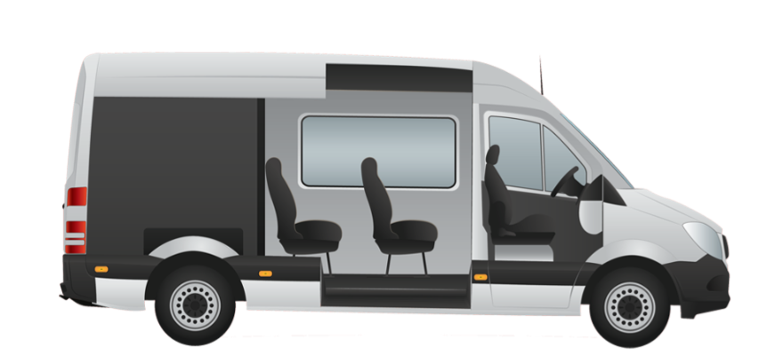 A silver passenger van with sliding doors and three rows of seats visible, including the driver seat.