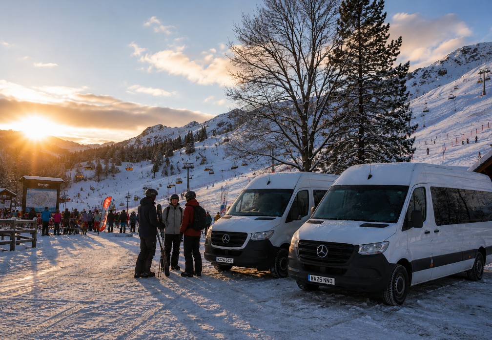People gather near parked vans at a snowy ski resort in the mountains during sunset, with ski lifts and snow-covered slopes in the background.
