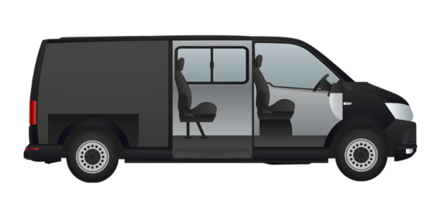 Side view of a black cargo van with sliding door open, revealing two front seats and a rear seat.
