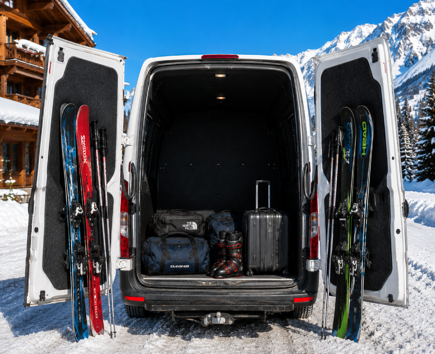 Open van with snow gear including skis, poles, a rolling suitcase, duffel bags, and ski boots, parked in snowy mountain landscape with wooden cabin and snow-covered mountains in background.