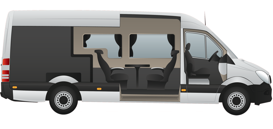 A cutaway view illustration of a modern passenger van showing the interior seating and driver area.