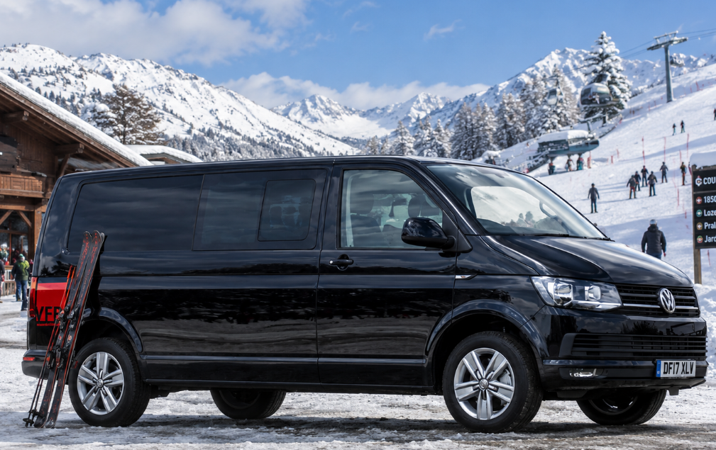 Black Volkswagen Mini splitter parked on snowy ground at a ski resort, with skis leaning against the side, snow-covered mountains, ski lifts, and people skiing in the background.