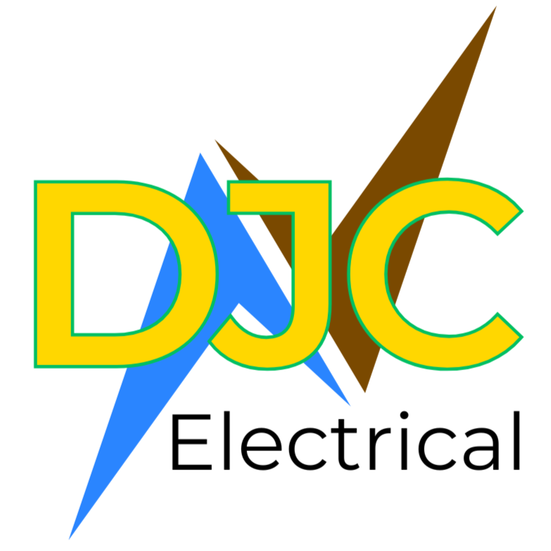 Logo for DJC Electrical with yellow letters, blue and brown lightning bolts, and black text.
