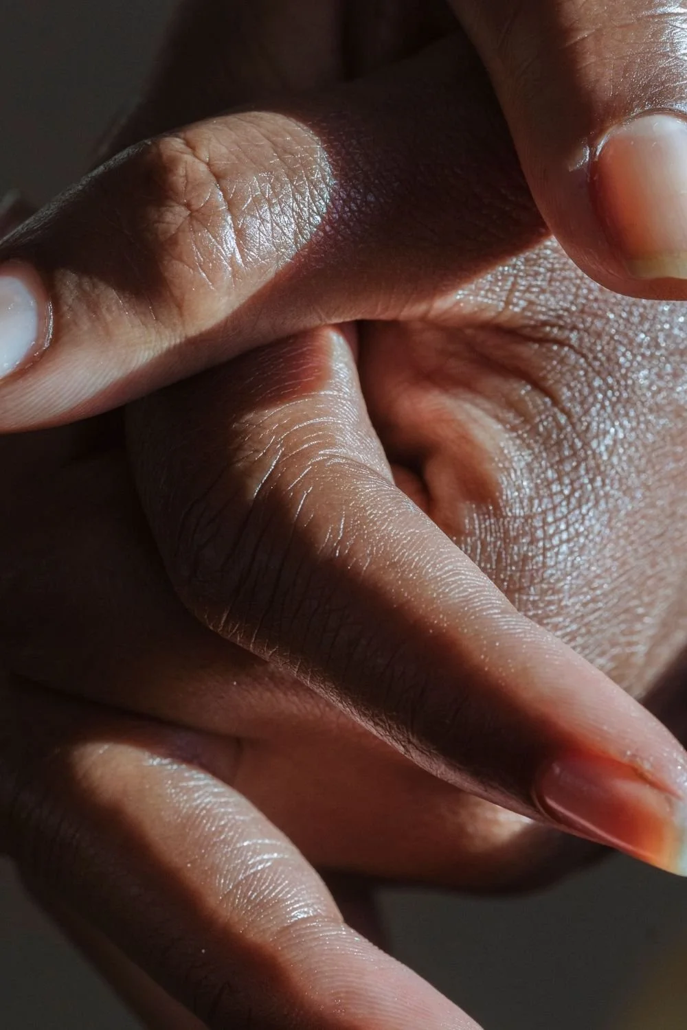 Close-up of hands gently touching skin in a moment of focused sensory awareness, representing mind body coaching, mind body connection therapy, and practices that encourage self-awareness and emotional balance.
