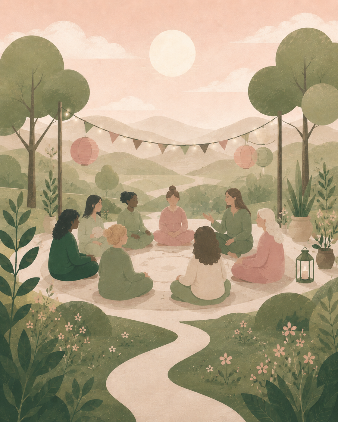 A group of women sitting in a circle outdoors during sunset, surrounded by trees, potted plants, and hanging lanterns and flags, with mountains in the background.