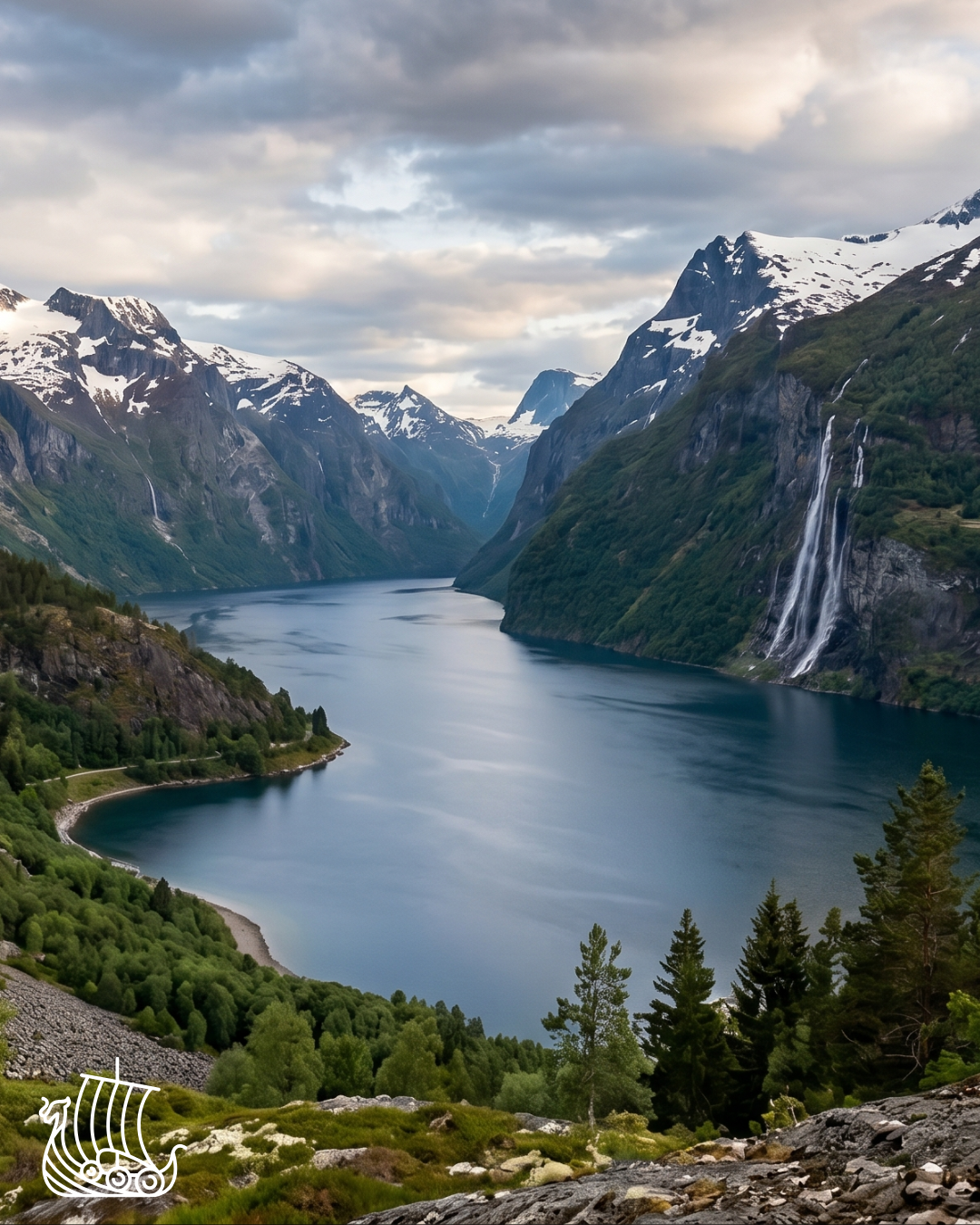A fjord in a mountainous landscape with snow-capped peaks, lush green slopes, and waterfalls, under a cloudy sky.