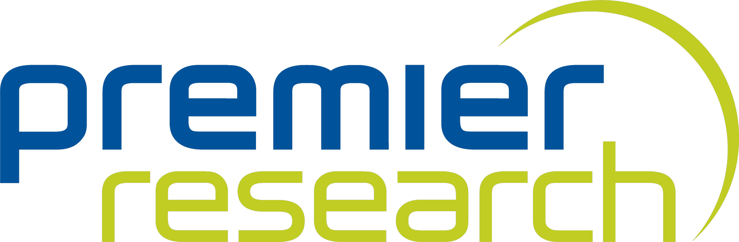 Logo for Premier Research with blue and green text and a curved green line.