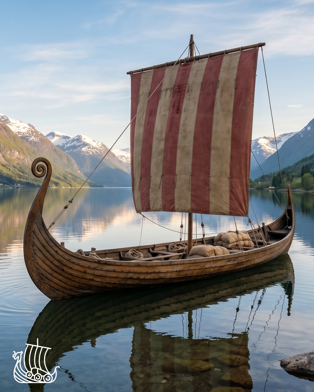 A Viking longship with a striped red and beige sail floating on calm water, with snow-capped mountains and green hills in the background.