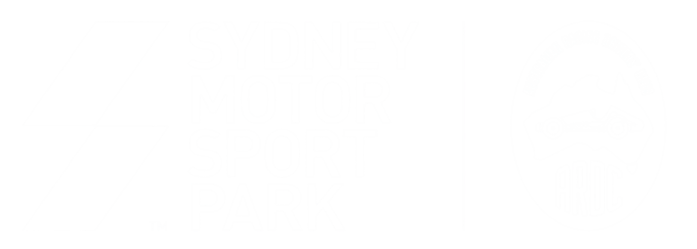 Logo for Sydney Motor Sport Park with a lightning bolt symbol on the left and the park's name in bold white text on a black background, separated by a vertical line from an oval emblem featuring a stylized car and mountain profile with the text 'ARC' underneath.