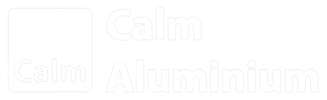 Text-based image with the words "Calm Aluminium" and a small square with the word "Calm" inside