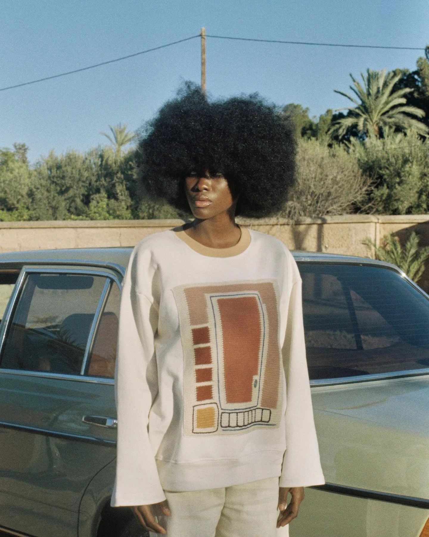 Woman with large afro hairstyle standing in front of a vintage car outdoors, wearing a white sweatshirt with a colorful geometric design, with trees and a clear blue sky in the background.