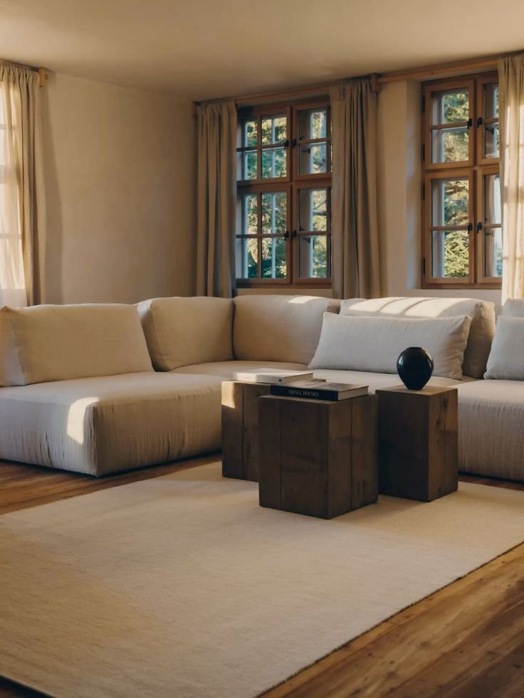 Living room with a beige sectional sofa, wooden side tables, a black vase, and windows with beige curtains allowing natural light.