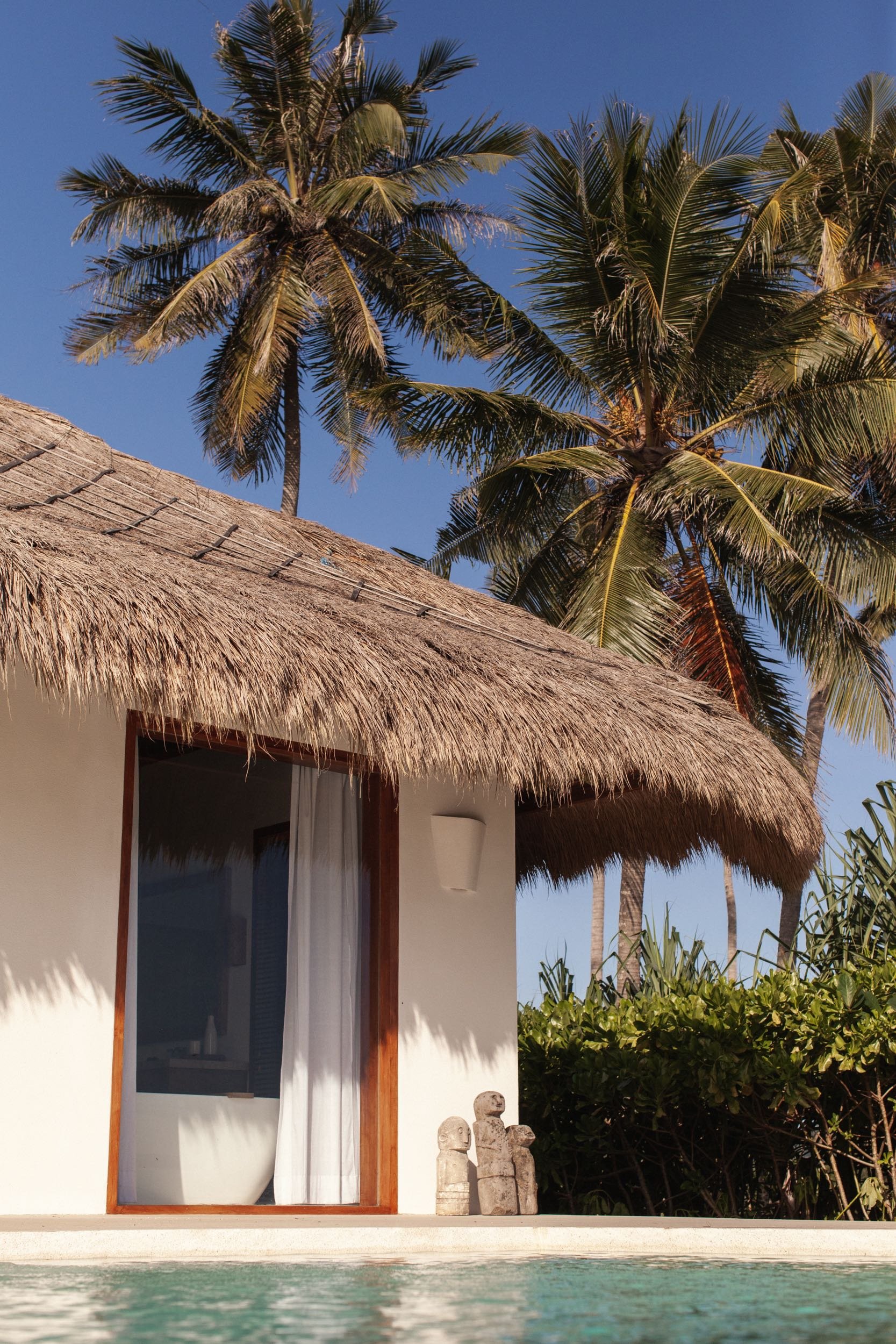 A tropical bungalow with a thatched roof, large glass door with white curtains, surrounded by palm trees and greenery, under a clear blue sky.