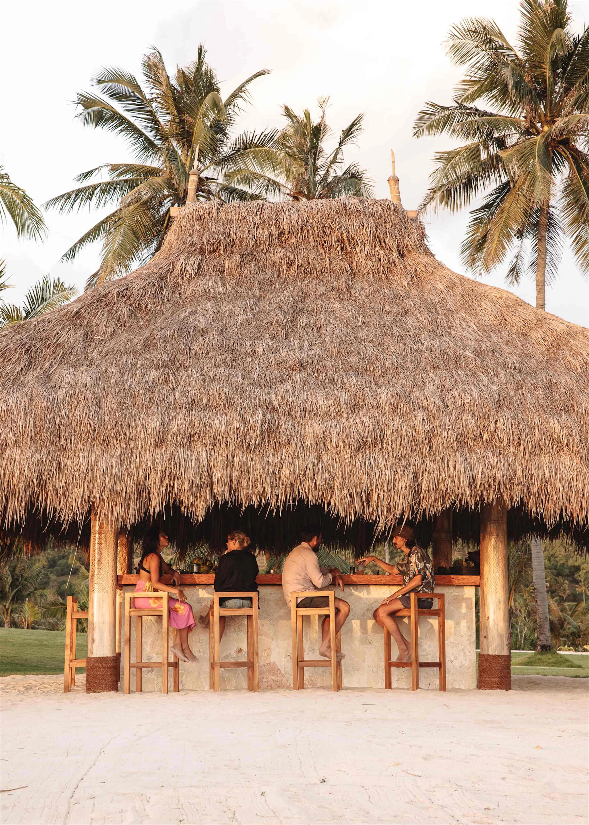 People sitting and chatting at a tiki hut bar with a thatched roof, surrounded by palm trees.