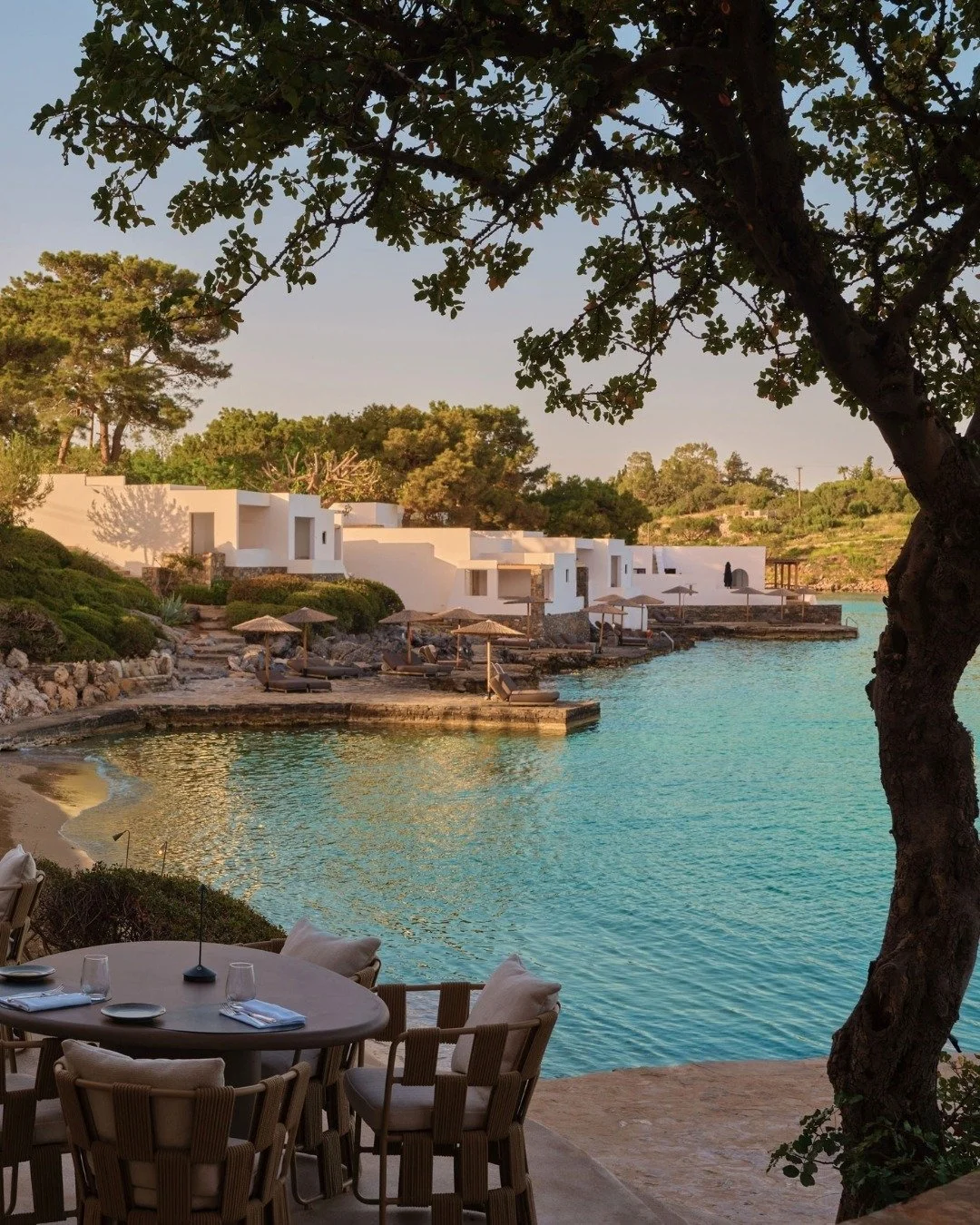 A seaside resort with white modern cottages by the water, a small sandy beach, and shaded lounge chairs with umbrellas, viewed from an outdoor dining area with a tree in the foreground.
