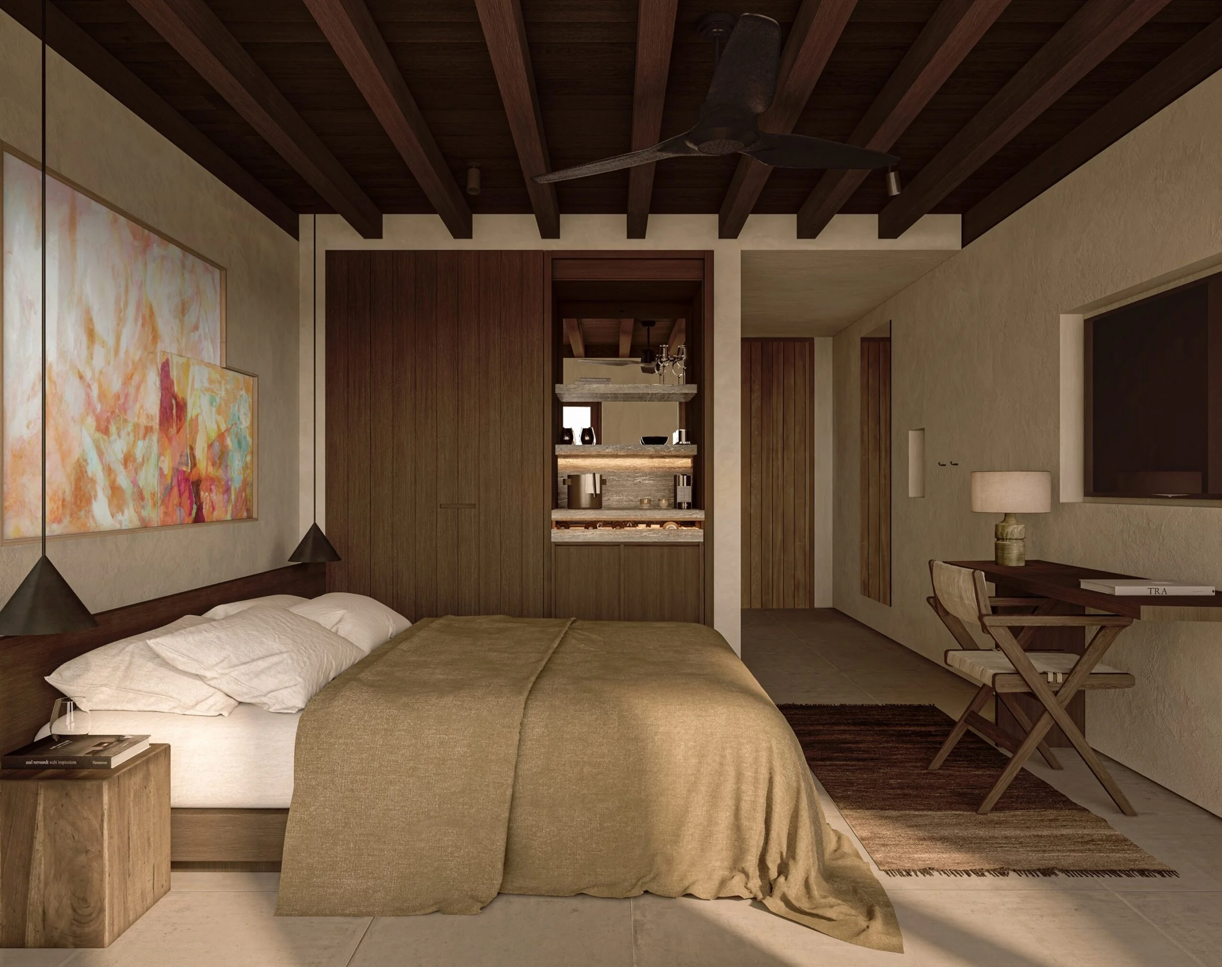 A modern bedroom with a bed, abstract wall art, and wooden furniture, featuring warm earthy tones and a ceiling fan.