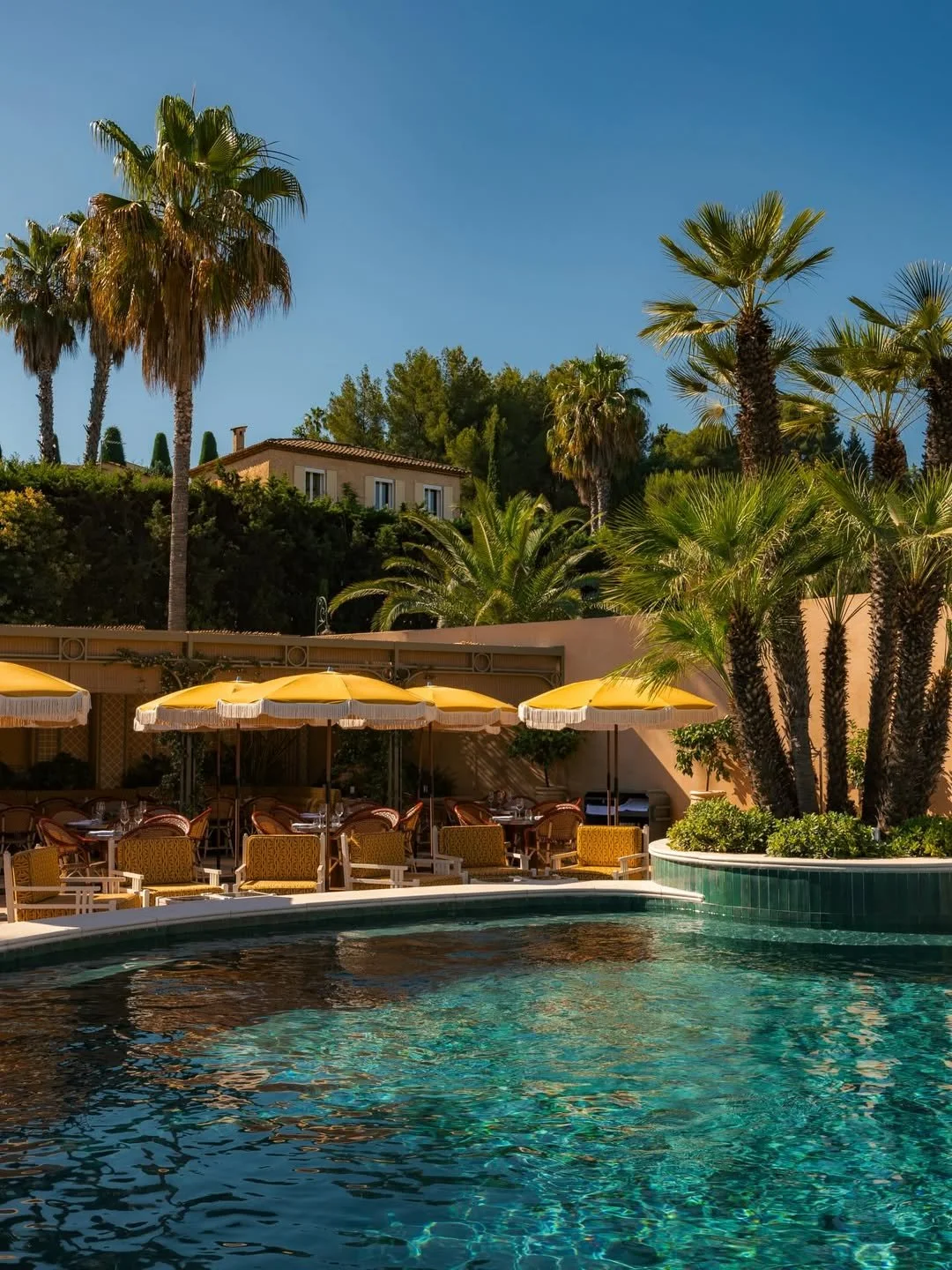 Poolside area with yellow umbrellas, patio tables, and chairs surrounded by palm trees and lush greenery, under a clear blue sky.