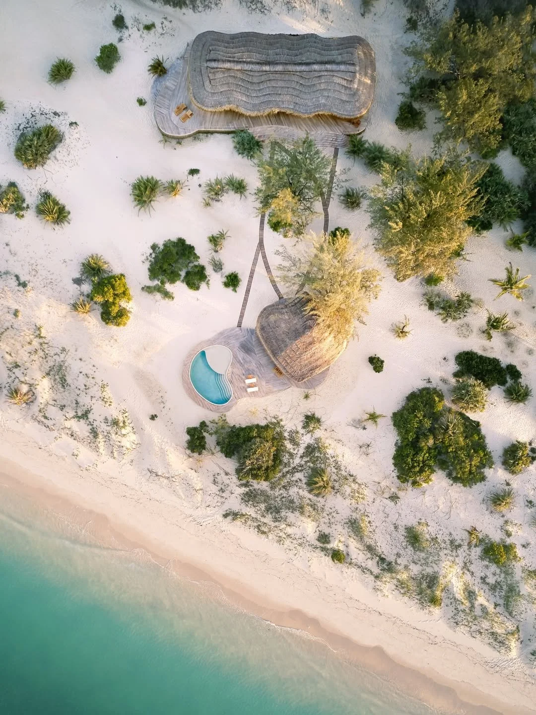 Aerial view of a beachside resort with sand, trees, a swimming pool, a thatched roof building, and walkways.
