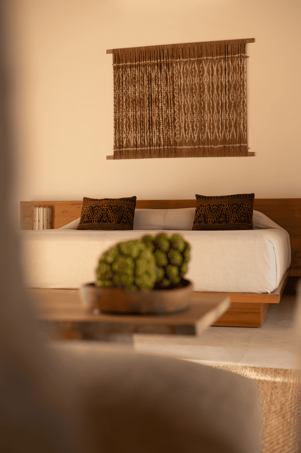 A cozy living room with a white sofa adorned with two patterned black and brown pillows. Behind the sofa, there is a woven wall hanging. In the foreground, a blurred green cactus sits on a wooden table.