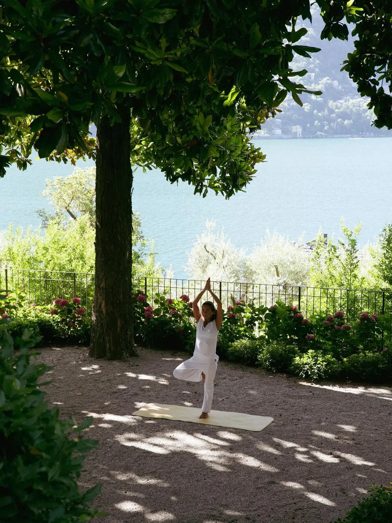 A woman practicing yoga outdoors near a lake, standing on one leg in a tree pose with arms raised above her head, surrounded by lush greenery and flowering bushes.