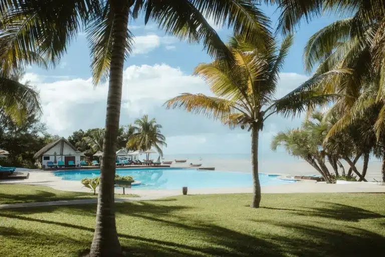 Tropical pool area with palm trees, a grassy yard, a pool, and the ocean in the background under a partly cloudy sky.