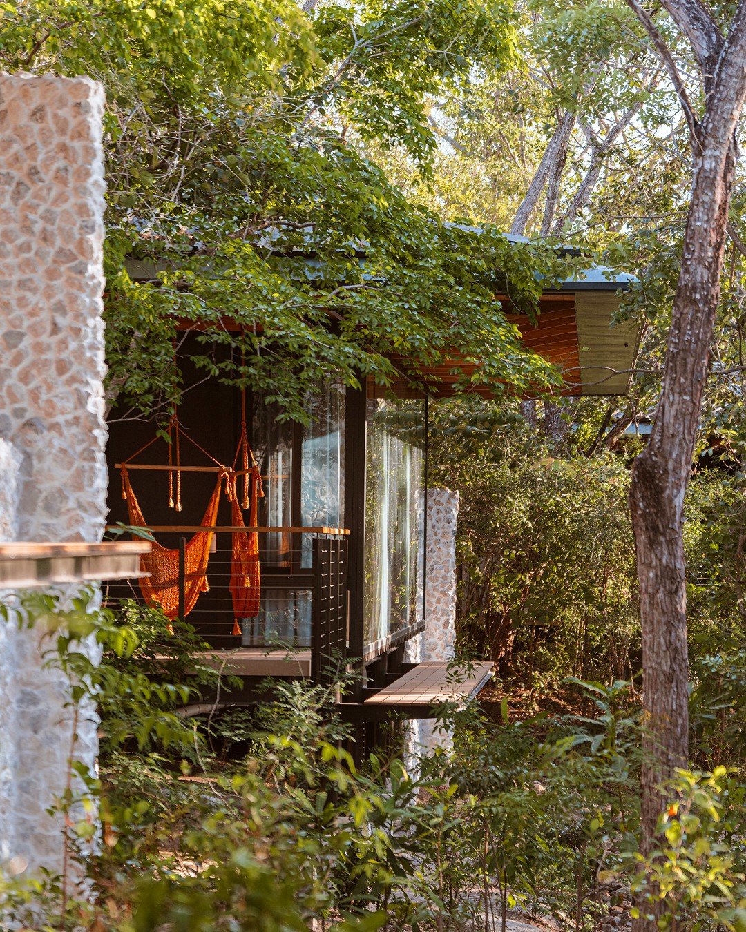 A treehouse with a glass window and a hammock hanging inside, surrounded by lush green trees and foliage.