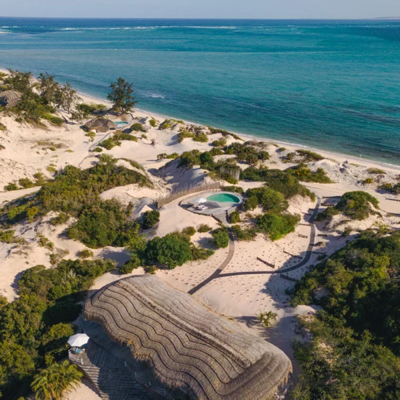Aerial view of a beach with white sand, green bushes, and a winding pathway leading to a small pool near the shoreline, with the ocean in the background.