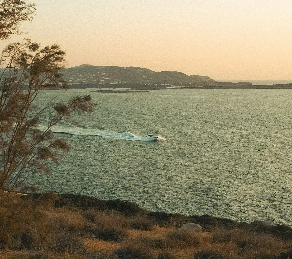 A boat speeding across the water near a rocky shoreline with grass and shrubs, with hills and small buildings in the background during sunset.