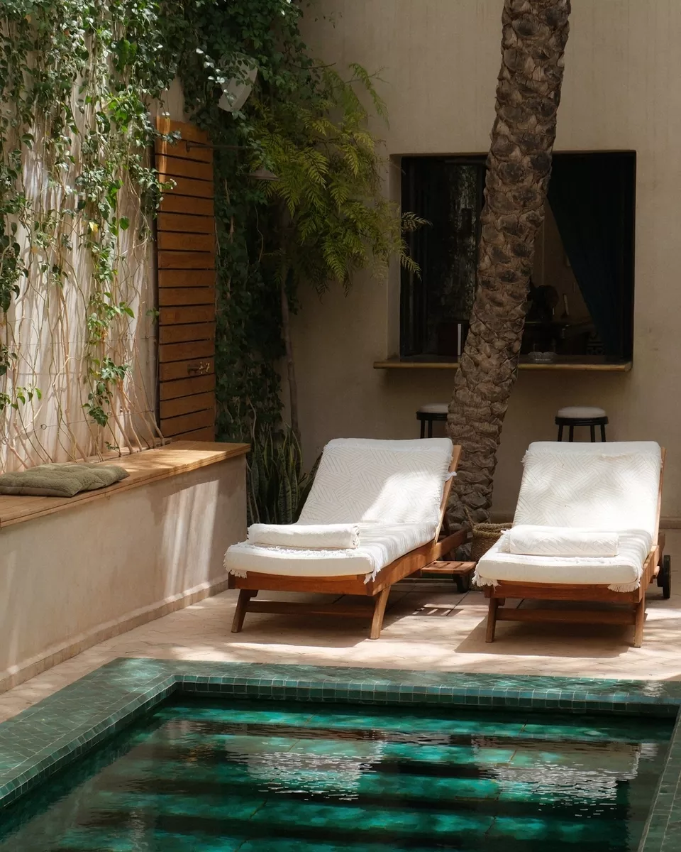 Poolside area with two white lounge chairs, a palm tree, a window, and surrounding greenery.