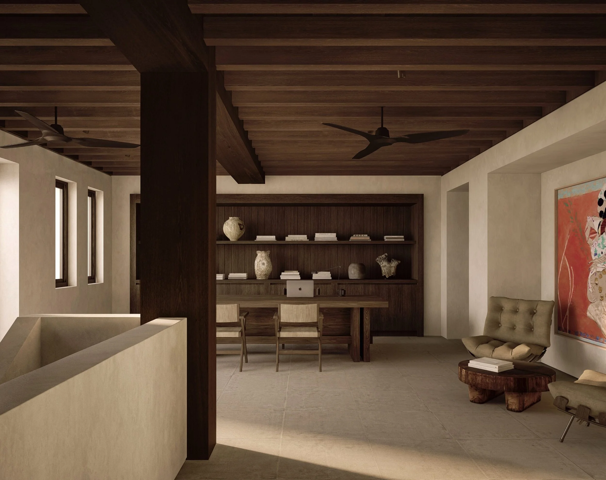 Interior of a modern living space with a wooden ceiling, ceiling fans, a bookshelf with decorative items, and a painting on the wall.