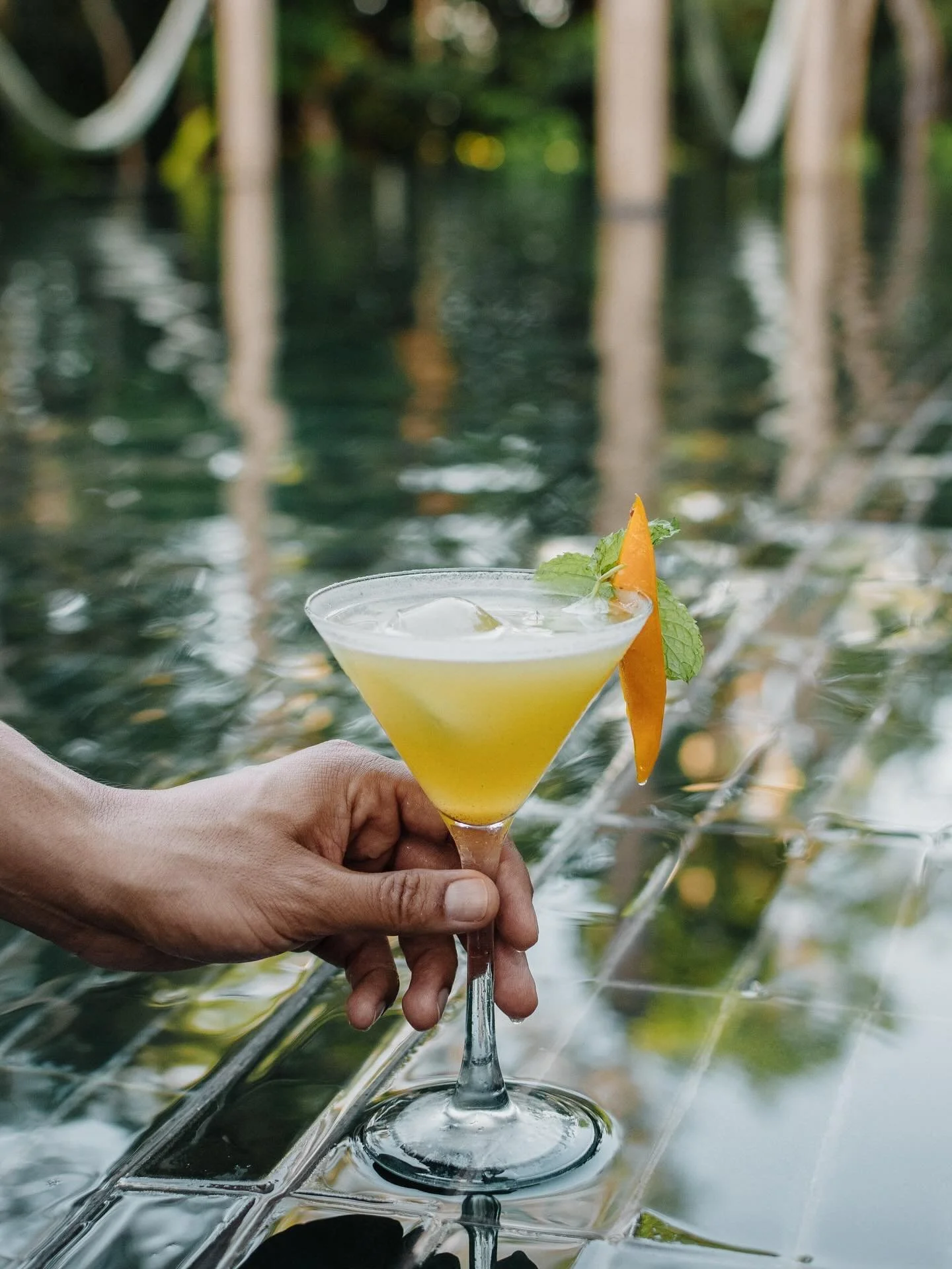 A hand holding a yellow cocktail in a martini glass with an orange slice and mint garnish, near a body of water with a blurred background of trees and water reflections.