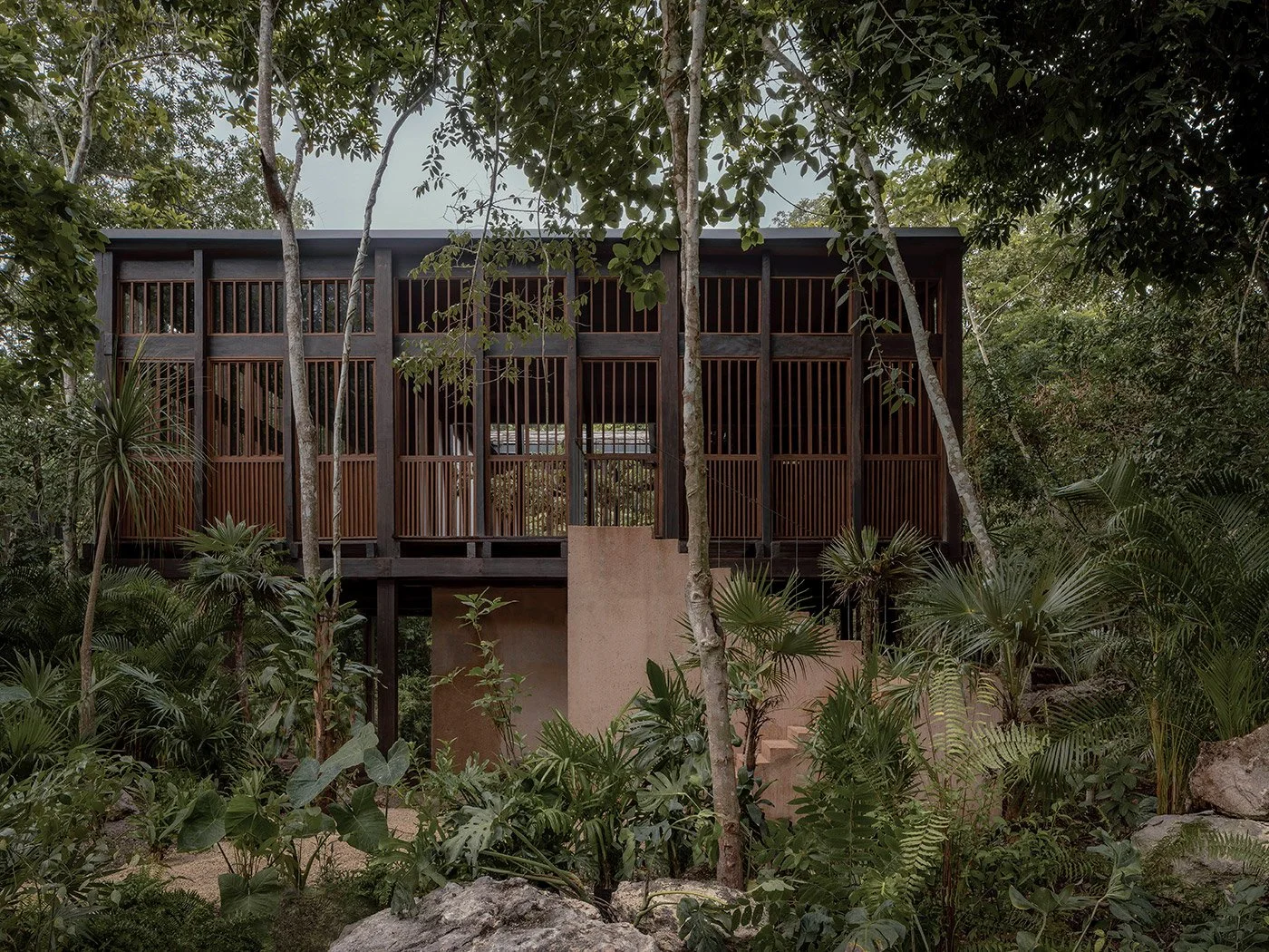 Modern house with wooden slat walls surrounded by dense tropical greenery.