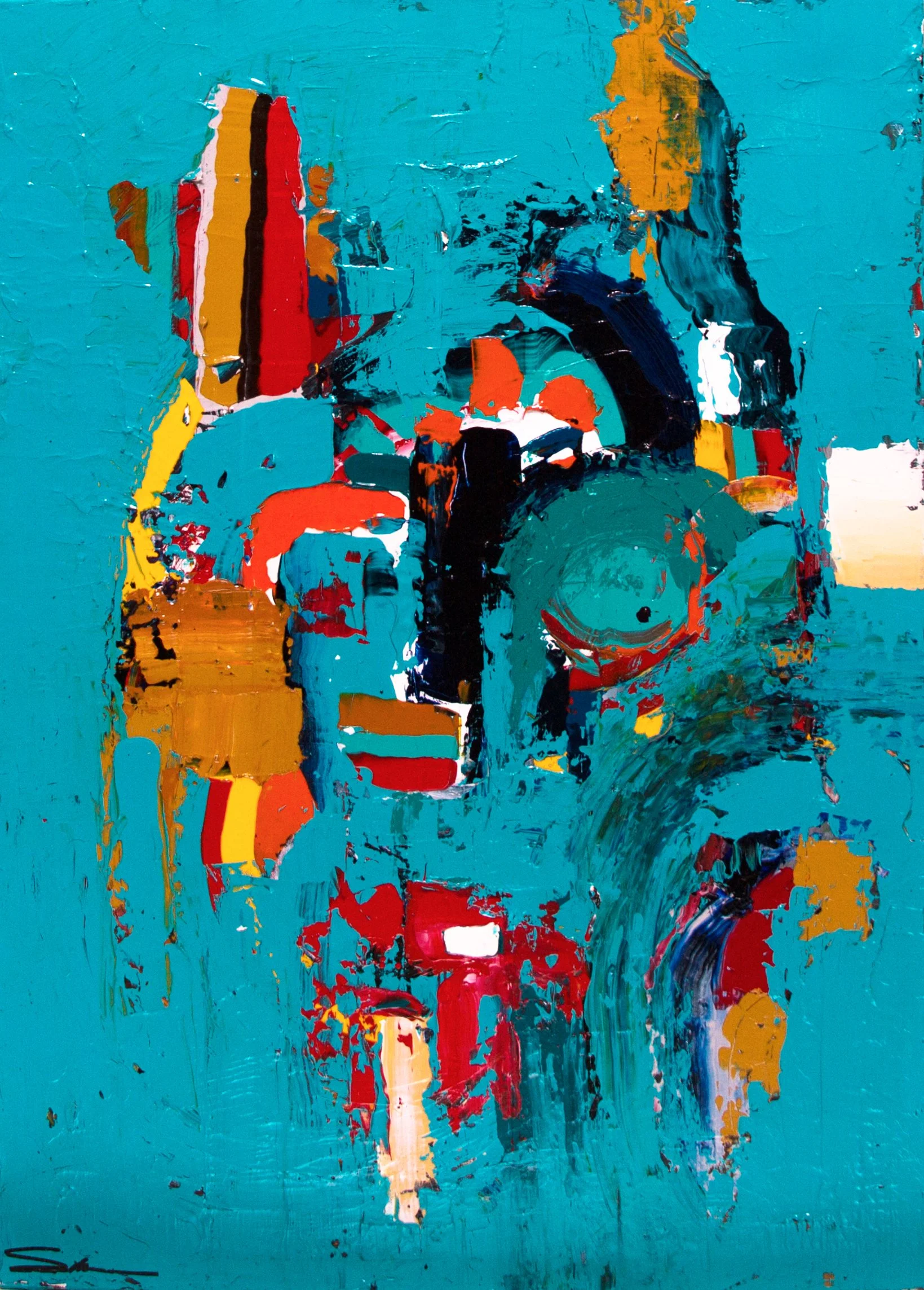 Peinture abstraite colorée avec des traits de couleur turquoise, rouge, jaune, blanc, noir et orange, avec texture épaisse et coups de pinceau visibles.