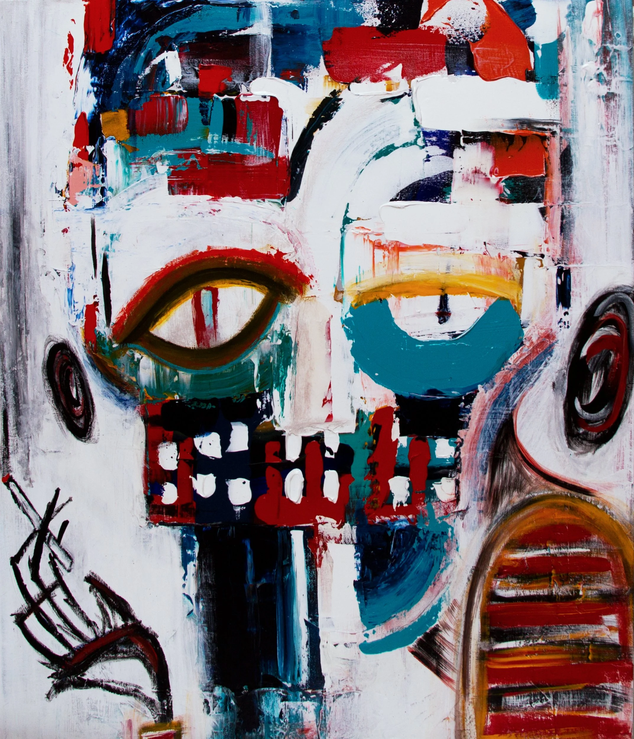Peinture abstraite avec des formes colorées en bleu, rouge, blanc, noir, et jaune, avec des lignes courbes et des textures variées.