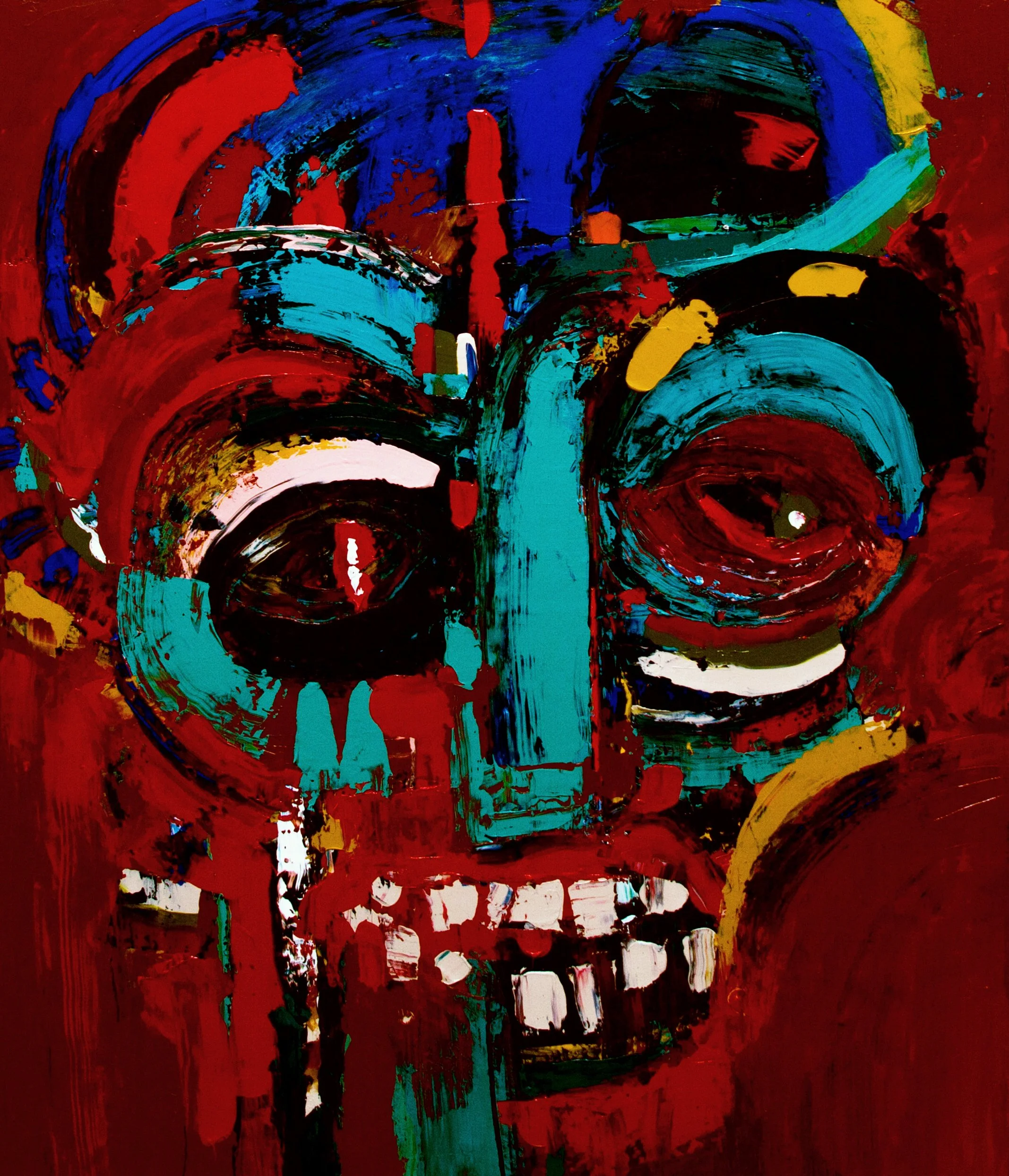 Une peinture abstraite avec des coups de pinceau vigoureux en rouge, bleu, noir, blanc, jaune et vert, créant une composition dynamique et colorée.
