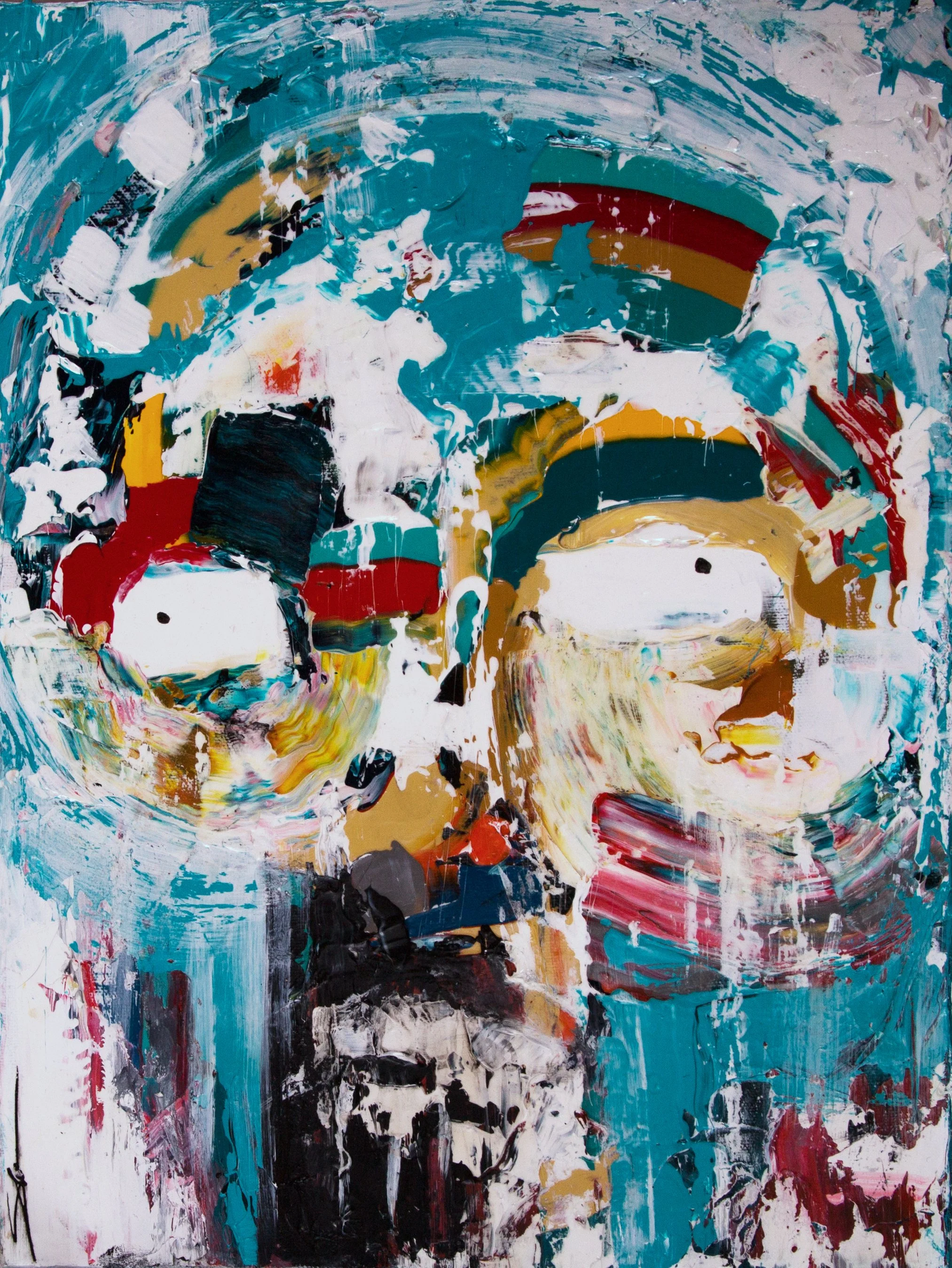 Une peinture abstraite colorée avec des coups de pinceau dynamiques, comprenant des teintes de bleu, blanc, noir, rouge, jaune et rose, créant une composition expressive et vibrante.