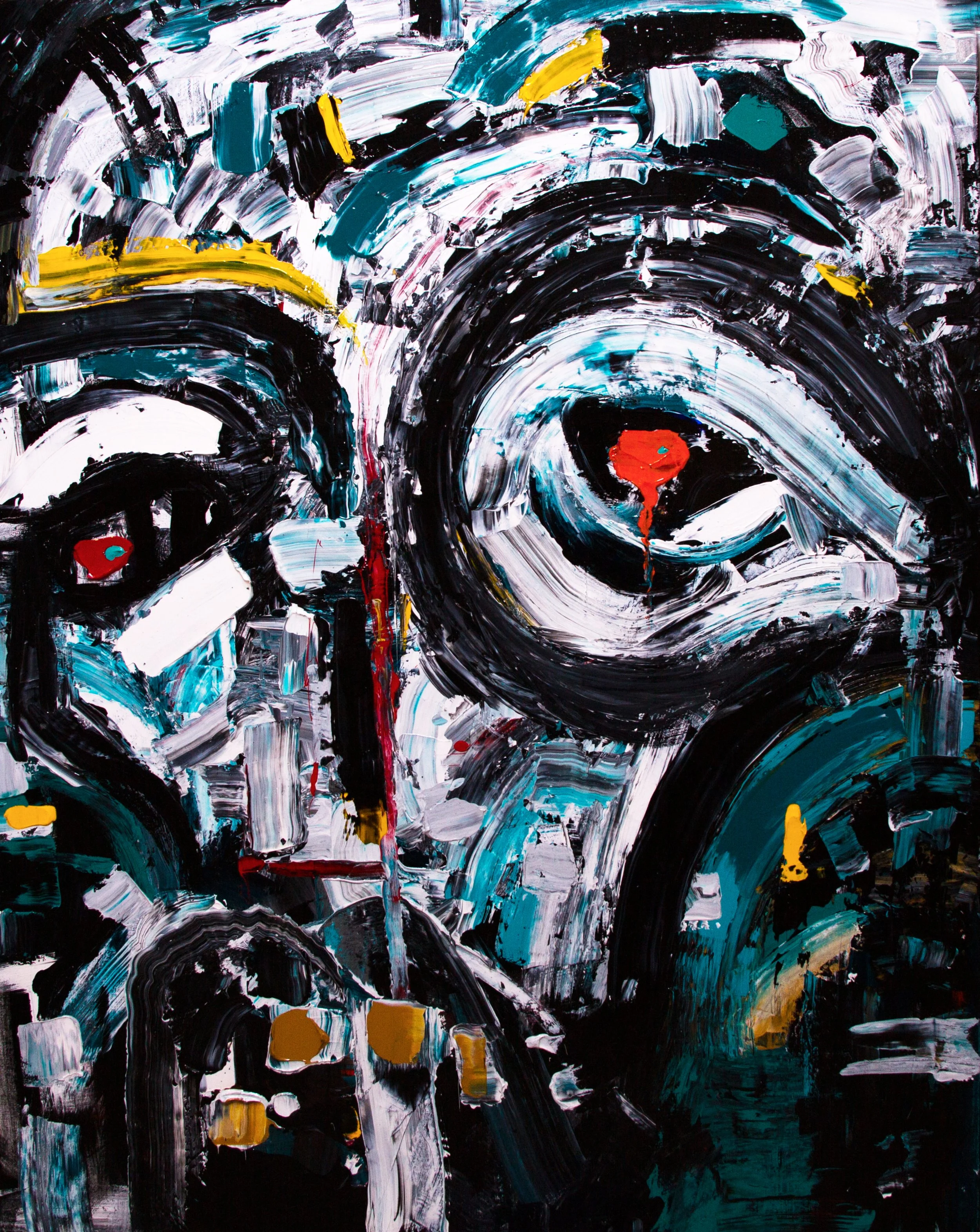 Peinture abstraite avec des coups de pinceau noirs, blancs, bleus et touches de jaune et rouge