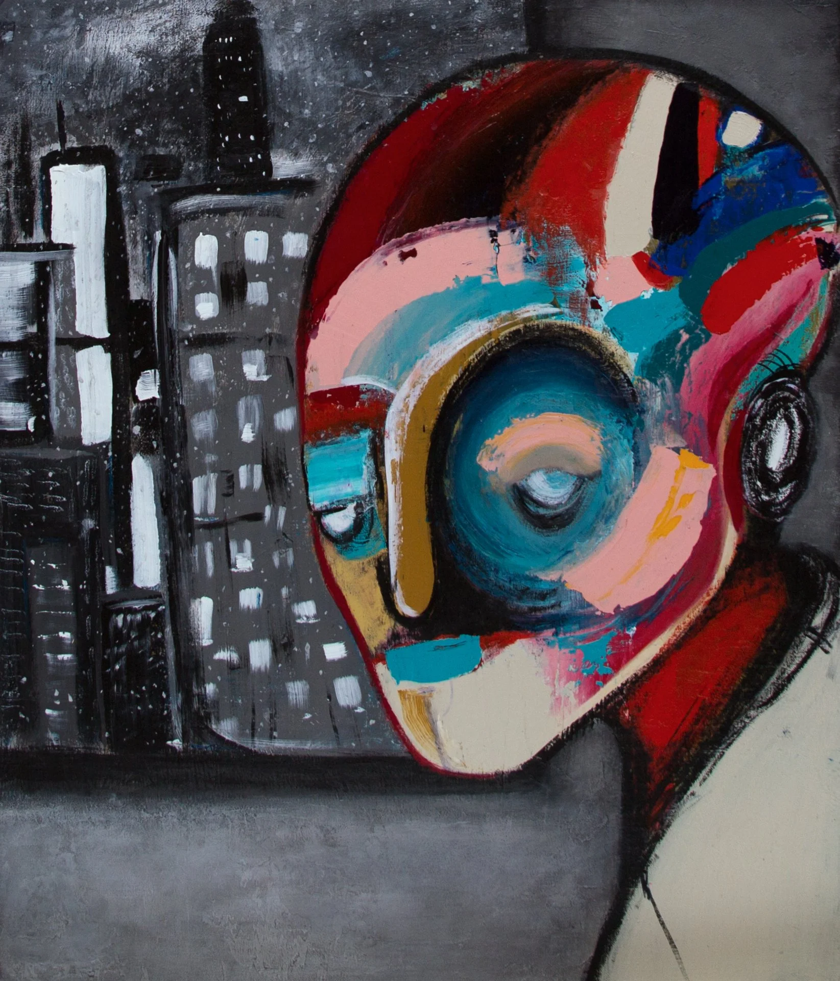 Peinture abstraite avec une composition de cercles colorés, incluant du rouge, du bleu, du rose, du noir, sur un fond gris et noir.