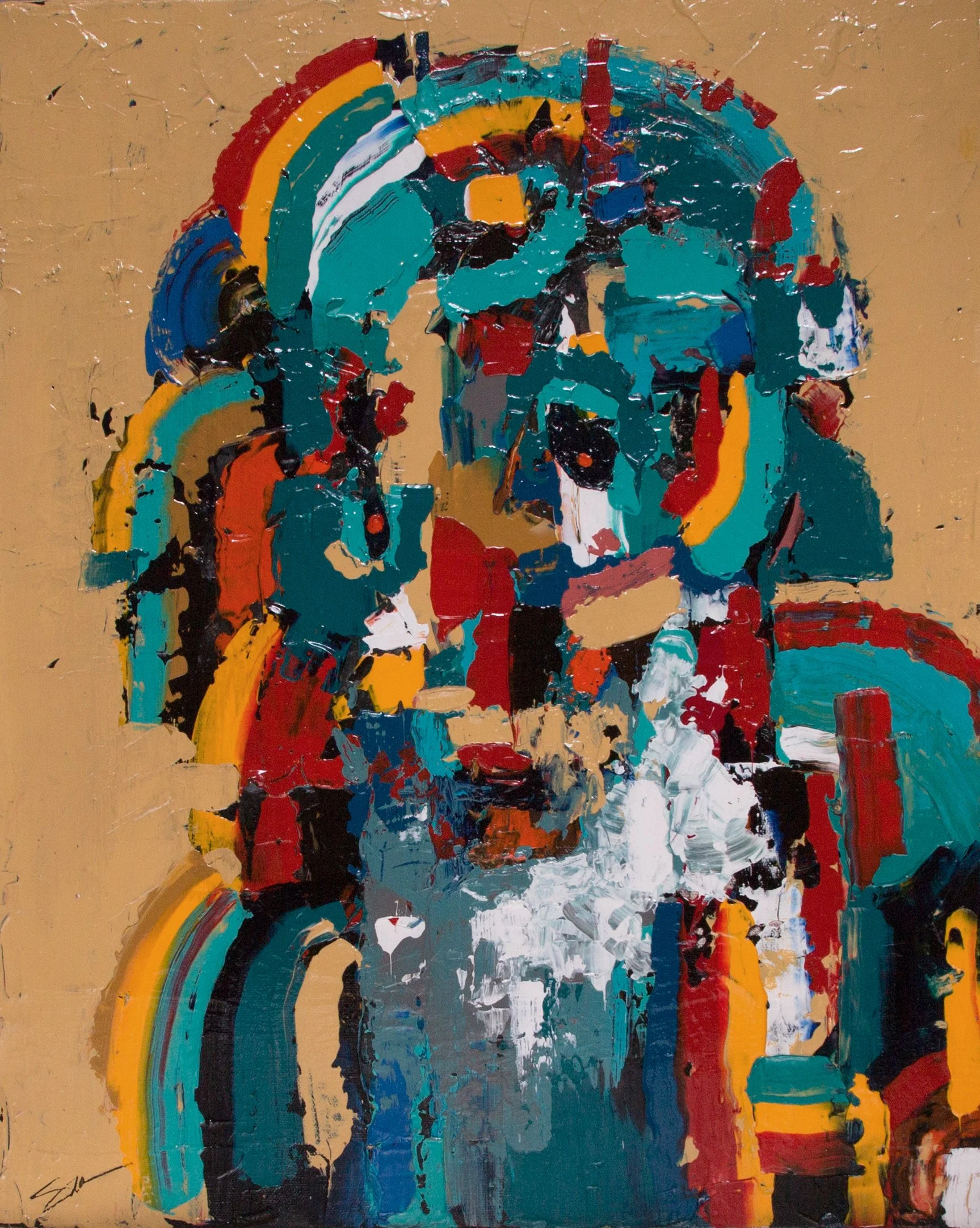 Peinture abstraite représentant un visage humain stylisé avec un arc coloré en arc de cercle, en couleurs vives sur un fond beige.