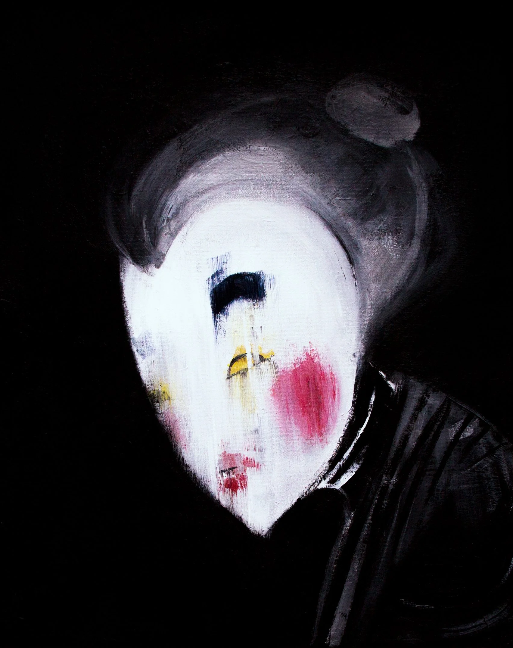 Peinture abstraite représentant un visage de clown avec un fond noir, un maquillage blanc, des lèvres rouges, et des touches de jaune et de rose.