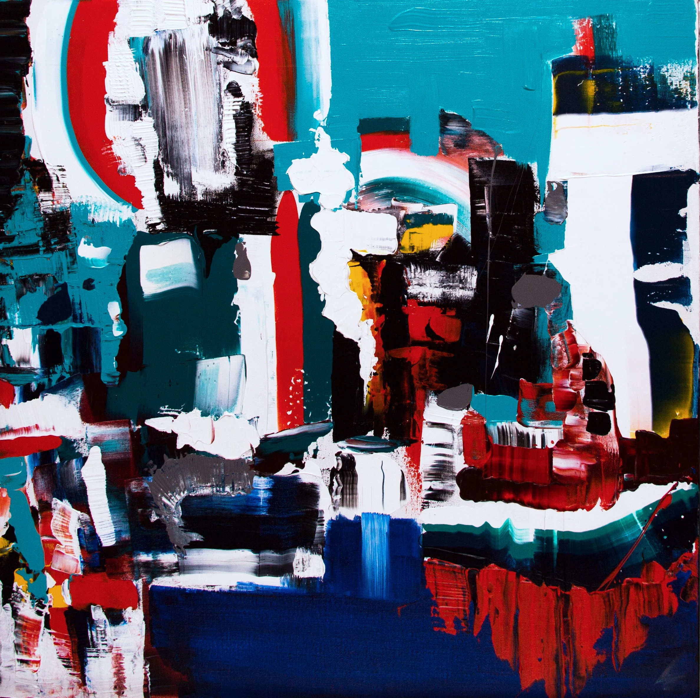 Une peinture abstraite avec des couleurs dominantes de bleu, rouge, blanc et noir, présentant des couches de peinture épaisses et des textures variées.