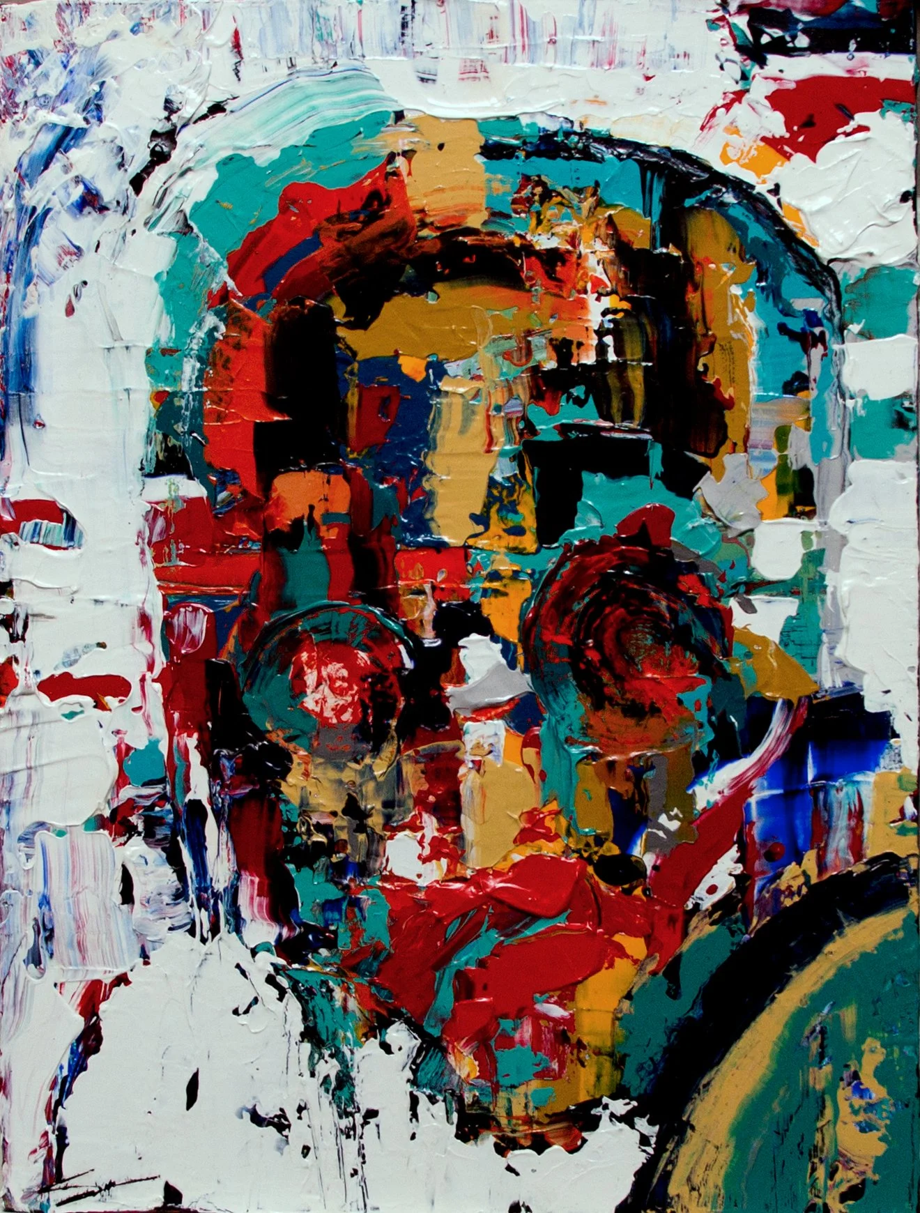 Peinture abstraite avec des couleurs vives, des coups de pinceau épais et des formes circulaires, principalement en rouge, bleu, blanc, noir et jaune.