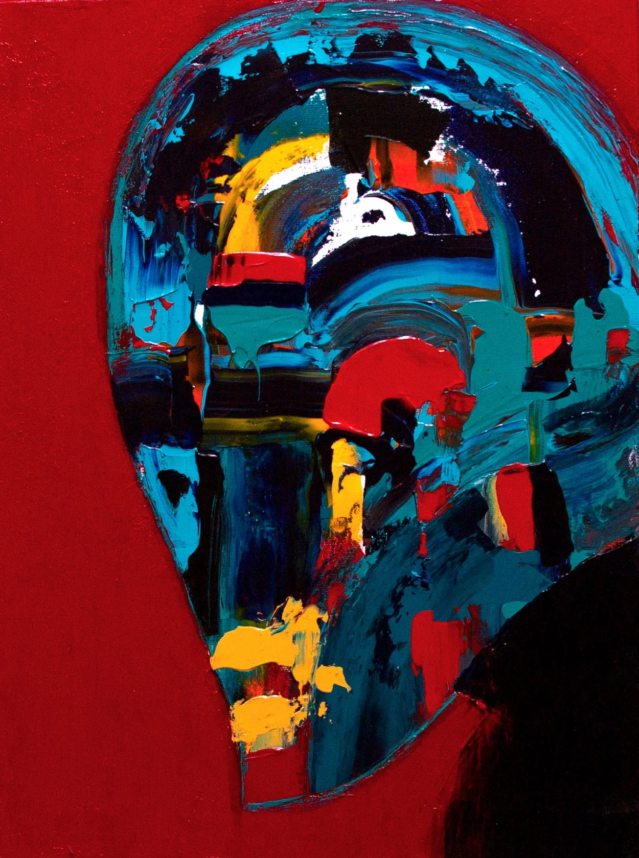 Peinture abstraite avec des couleurs vives comme le rouge, le bleu, le jaune, le noir et le blanc, avec des formes et des coups de pinceau expressifs.