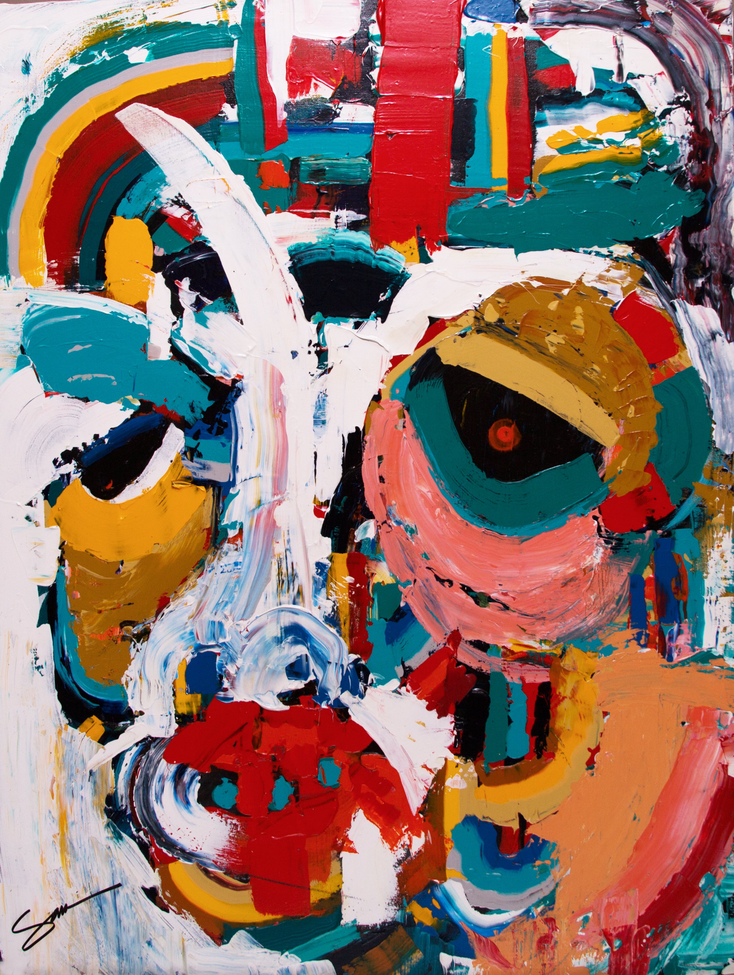 Peinture abstraite colorée avec des traits de couleur rouge, jaune, vert, blanc, noir, bleu et orange, formant un motif dynamique et expressif.
