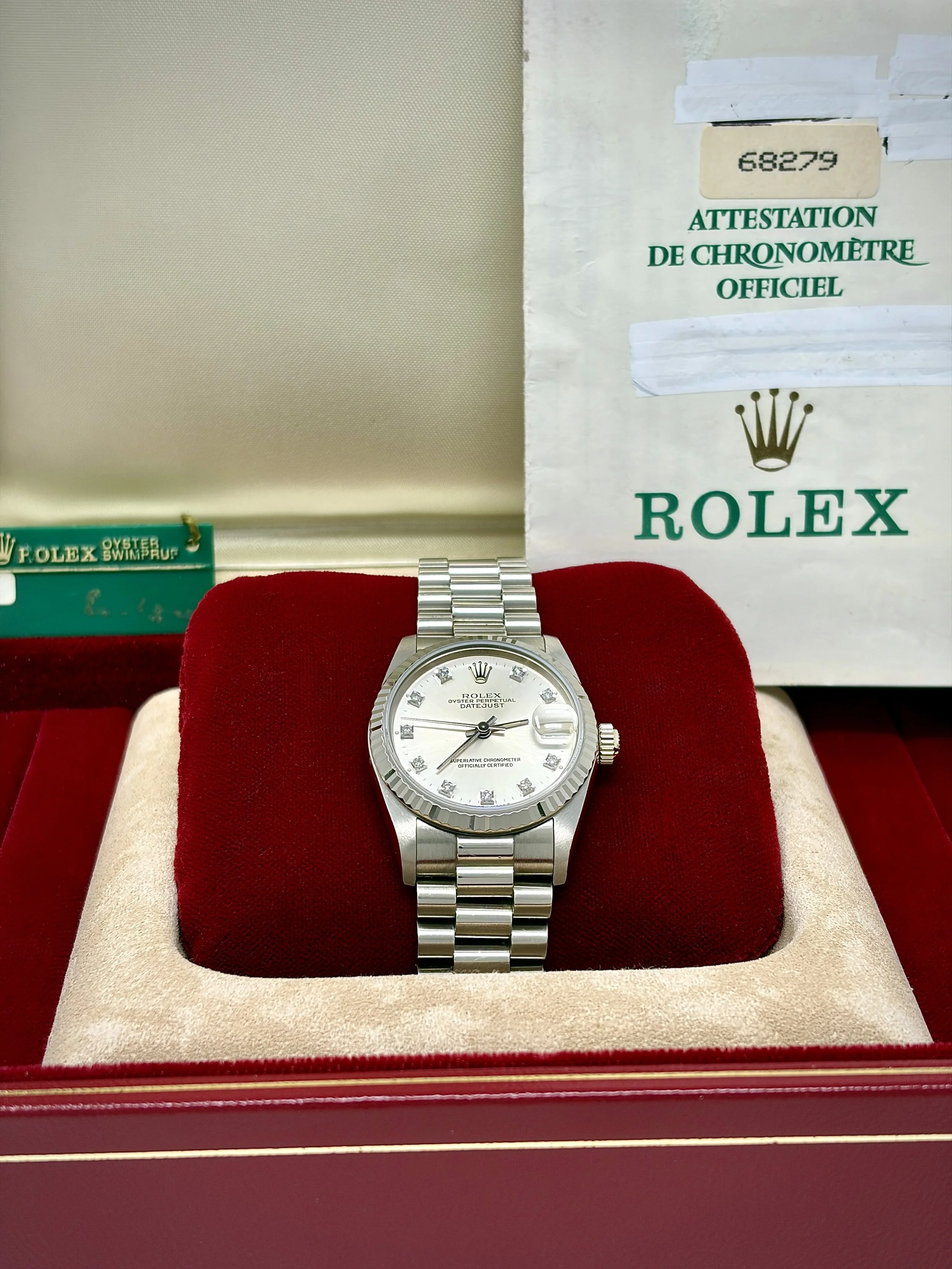 ROLEX DATEJUST 31 WHITE GOLD SILVER DIAMOND DIAL JUBILEE BRACELET 68279G