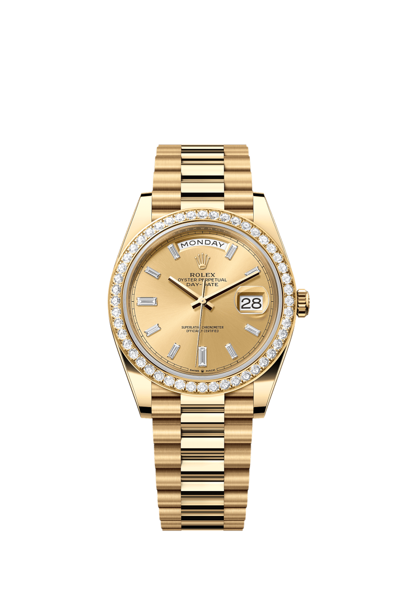 ROLEX DAY-DATE 40MM YELLOW GOLD CHAMPAGNE DIAMOND BAGUETTE DIAL DIAMOND BEZEL PRESIDENT BRACELET 228348RBR