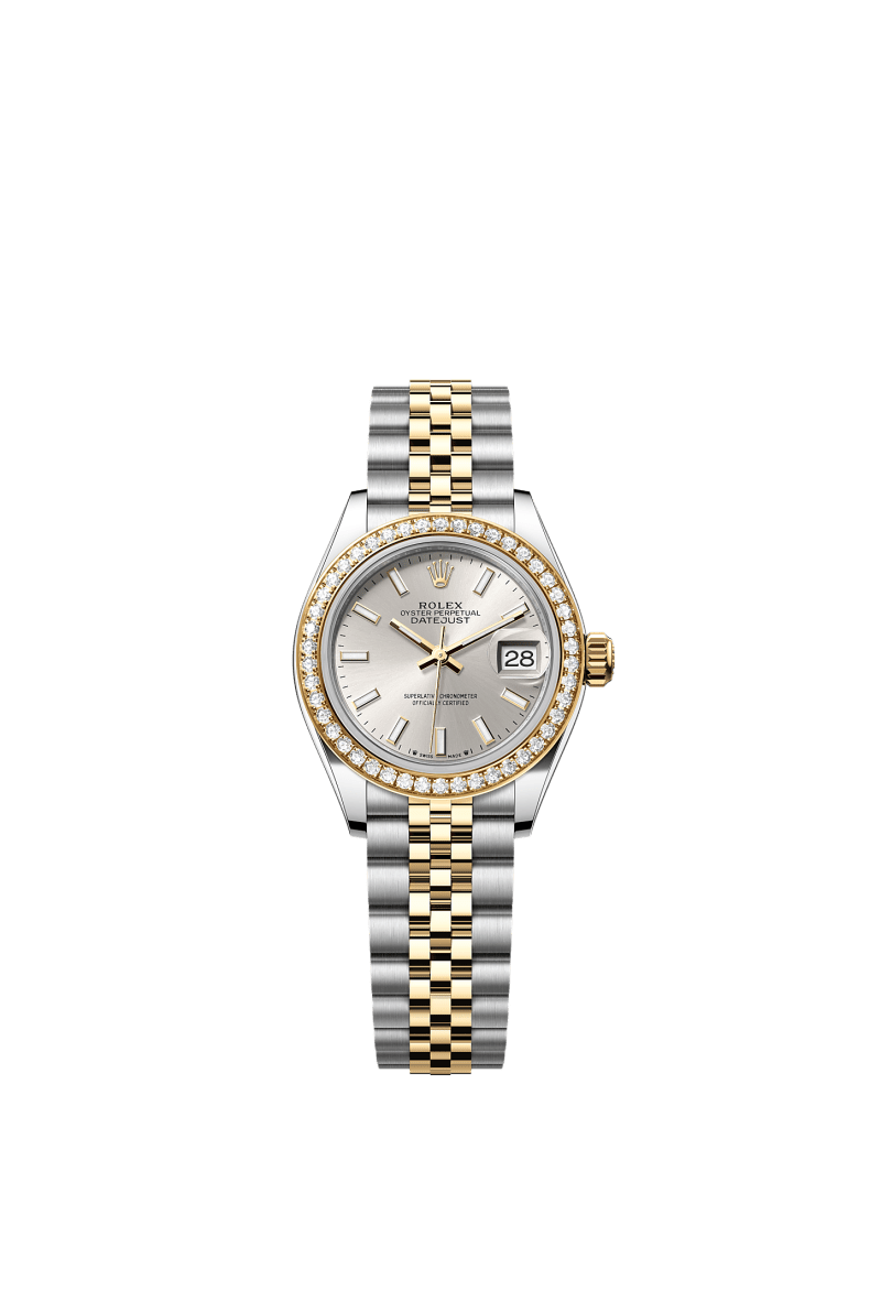 ROLEX LADY-DATEJUST 28MM TWO-TONE YELLOW GOLD SILVER INDEX DIAL DIAMOND-SET BEZEL JUBILEE BRACELET 279383RBR