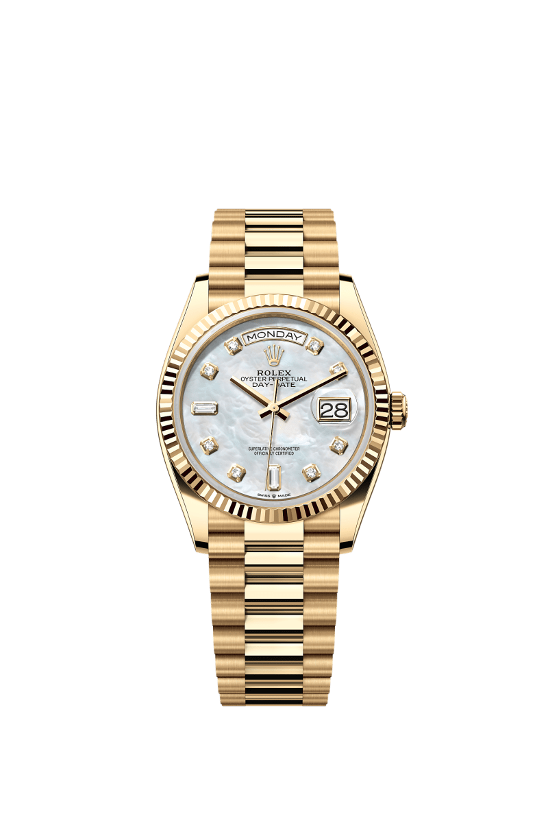 ROLEX DAY-DATE 36MM YELLOW GOLD MOTHER OF PEARL DIAMOND DIAL FLUTED BEZEL PRESIDENT BRACELET 128238