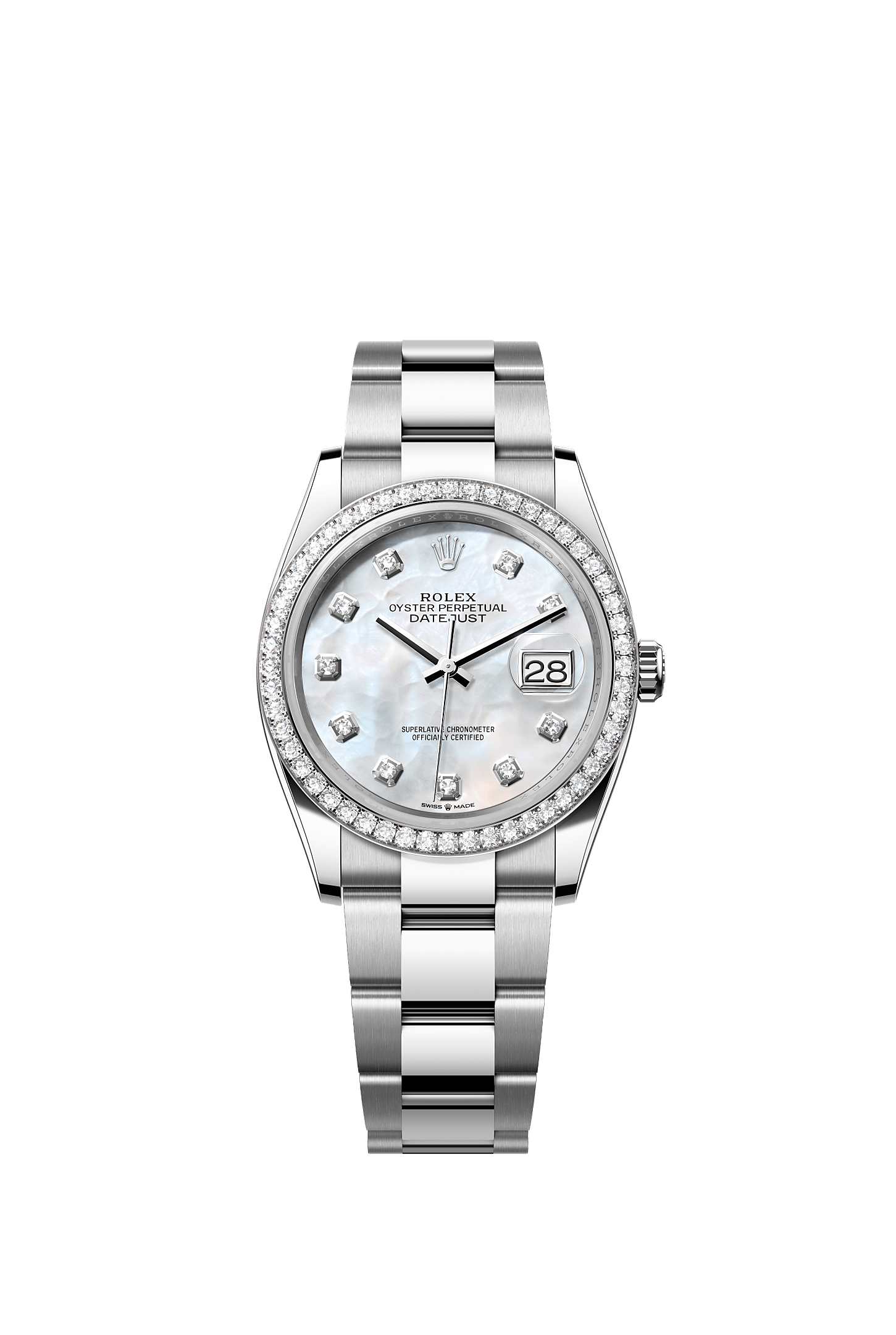 ROLEX DATEJUST 36 WHITE MOTHER OF PEARL DIAMOND DIAL DIAMOND BEZEL OYSTER BRACELET 126284RBR