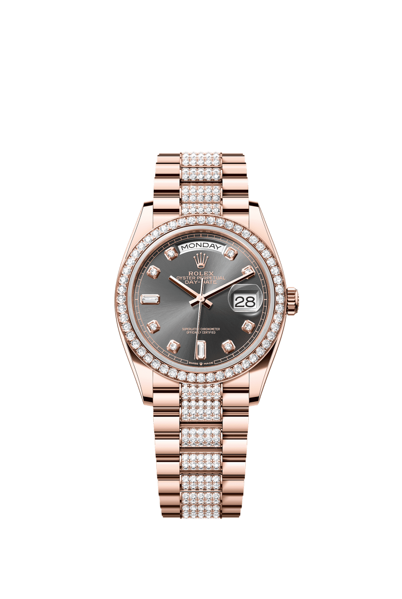 ROLEX DAY-DATE 36MM EVEROSE GOLD RHODIUM DIAMOND DIAL DIAMOND BEZEL DIAMOND-SET PRESIDENT BRACELET 128345RBR